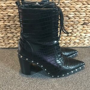 Charles David "Duffy" Black Mid-Calf Pointy Studded Zip/ Lace-up Boots E…